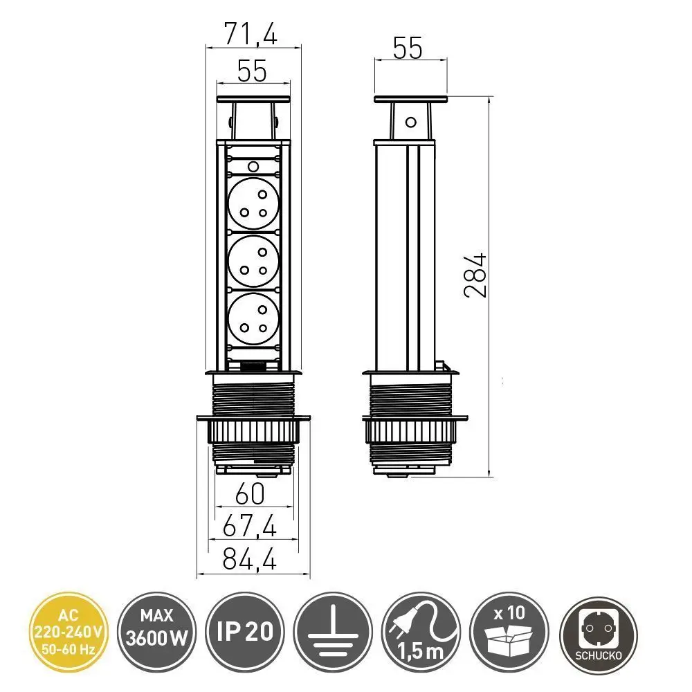Priza turn incastrabila Ø60 , 3xSCHUKO, cablu 1.5 m, negru [2]