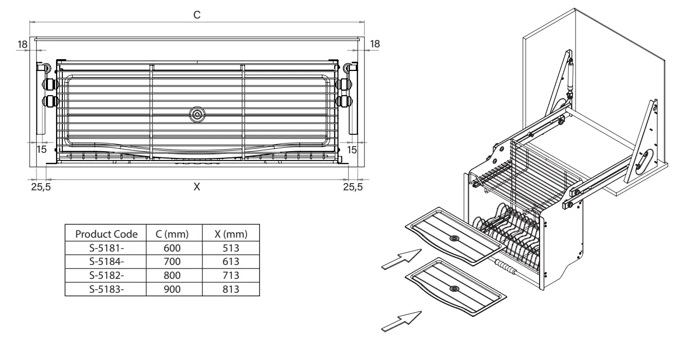 Scurgator de vase lift pentru corp de 800mm, cosuri din inox [3]