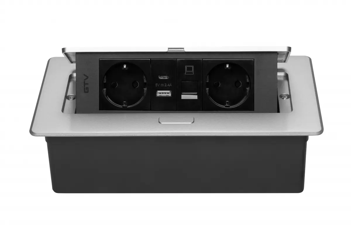 Priza incastrabila dreptunghiulara 2xSCHUKO, 2xUSB, 1xRJ45, negru mat [2]