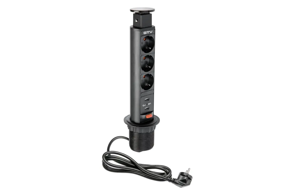 Prize incorporabile in blat - Priză încastrabilă rotundă Ø60 cu 3 SCHUKO și 2 USB, aluminiu