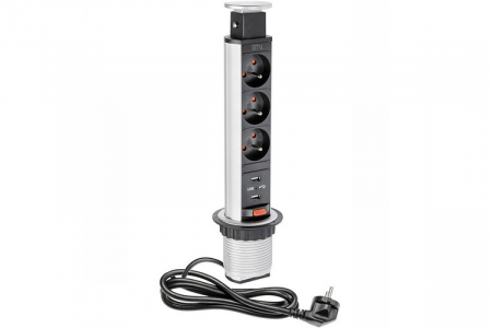Priză încastrabilă rotundă Ø60 cu 3 SCHUKO și 2 USB, aluminiu