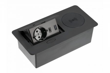 PRIZE INCORPORABILE IN BLAT - Priza incorporabila in blat AVARO PLUS 1xSCHUKO, USB A+C, incarcare WIRELESS, negru mat