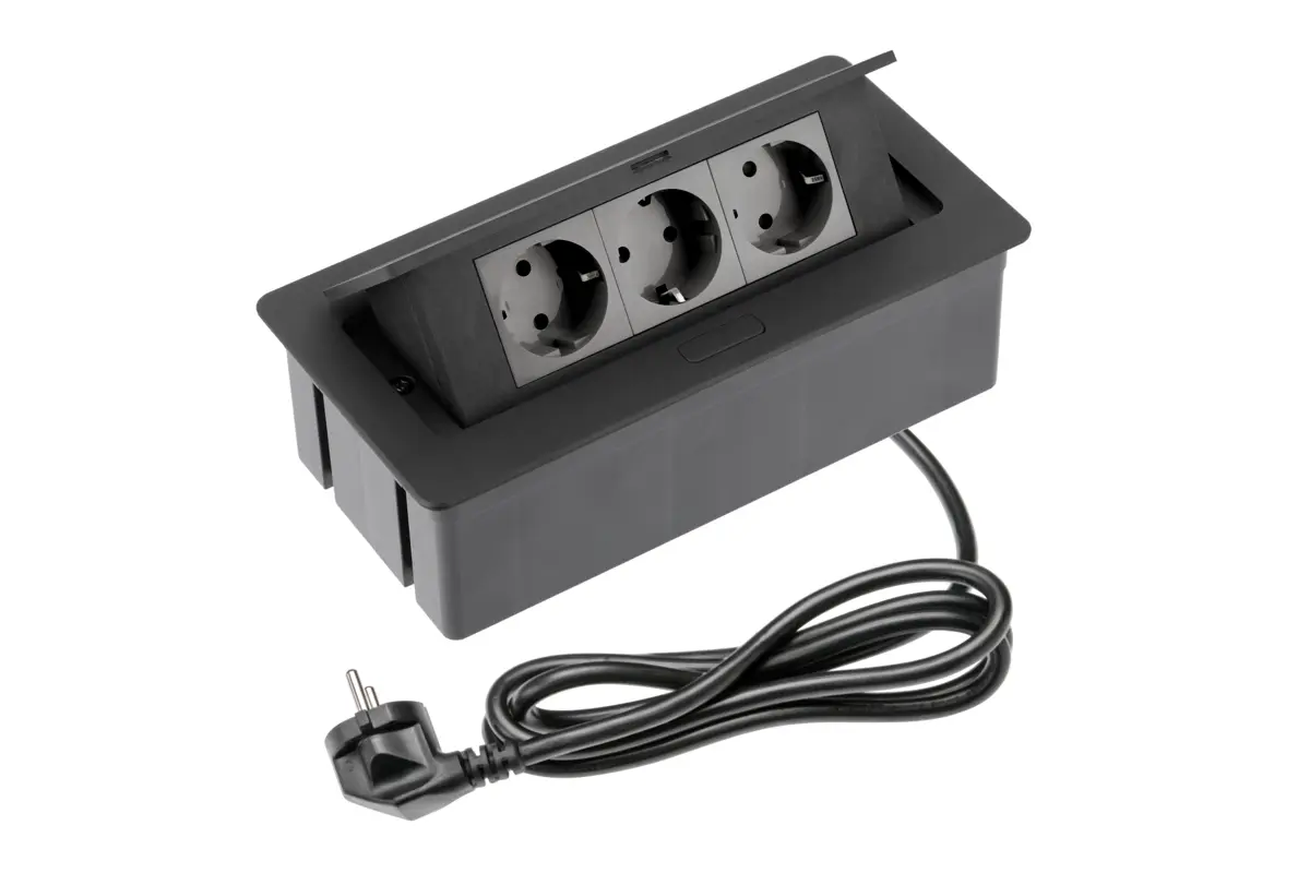 Priza incorporabila 3xSCHUKO, cablu 1.5m, IP20, negru mat