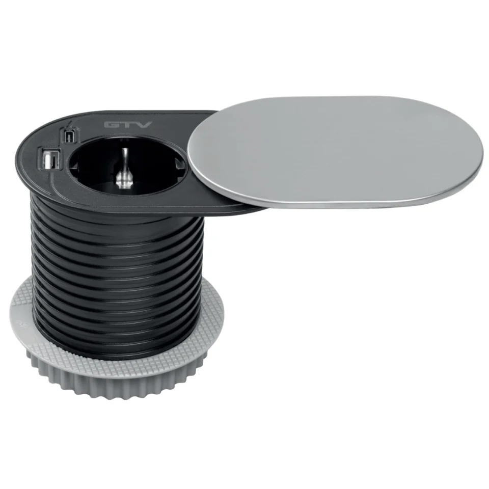 Priza incorporabila pentru blat SLIDE, 1xSCHUKO, 1xUSB 5V 2.4 A, finisaj inox, 60mm