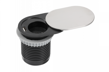 PRIZE INCORPORABILE IN BLAT - Priza incorporabila pentru blat SLIDE, 1xSCHUKO, 1xUSB 5V 2.4 A, finisaj inox, 60mm