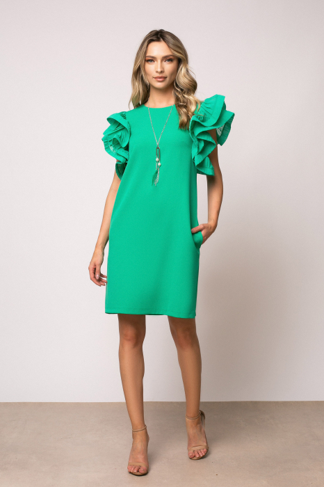 Rochie Joly verde neon cu volane la umeri și buzunare laterale [5]