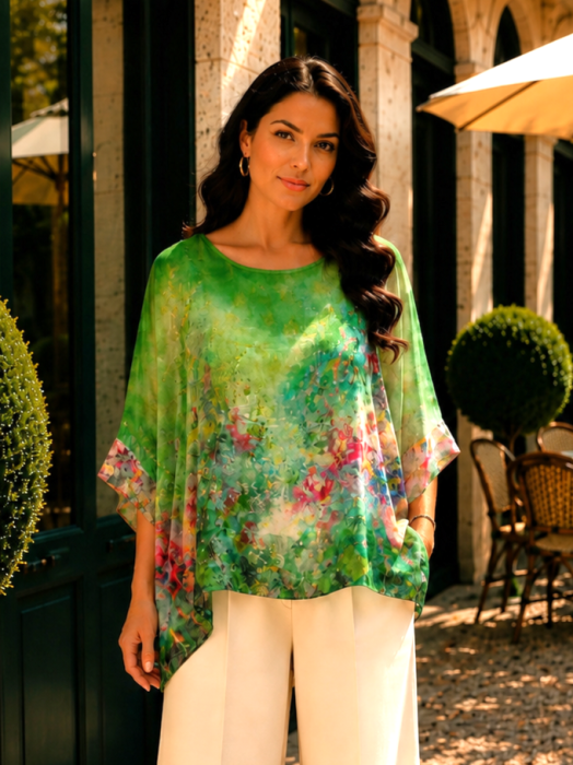 Bluza verde din matase naturala cu imprimeu floral