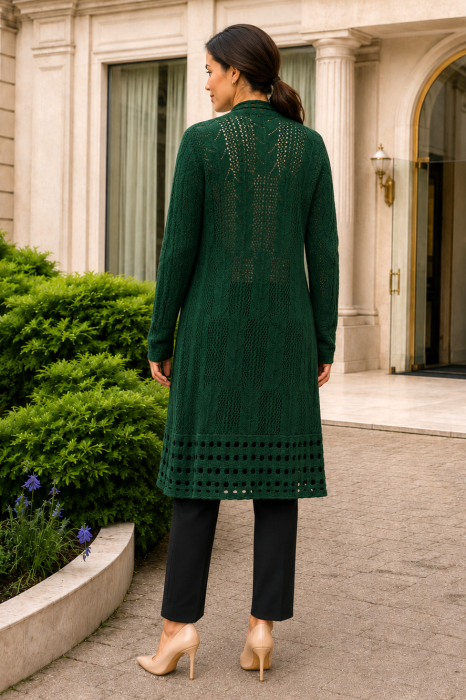 Cardigan lung verde croșetat cu buzunare [3]