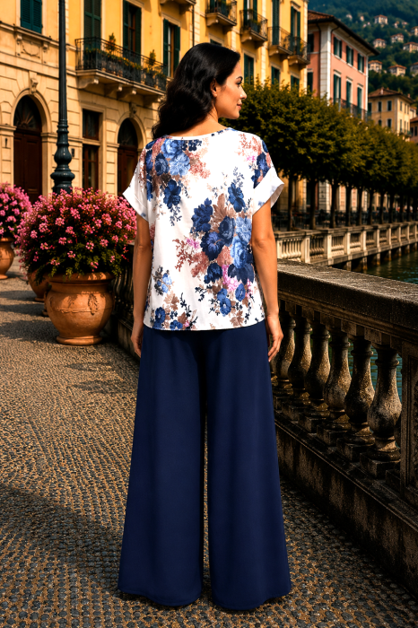 Compleu damă albastru cu bluză imprimată floral și pantaloni largi [3]
