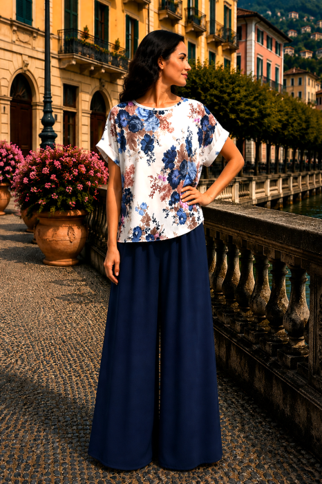 Compleu damă albastru cu bluză imprimată floral și pantaloni largi [4]
