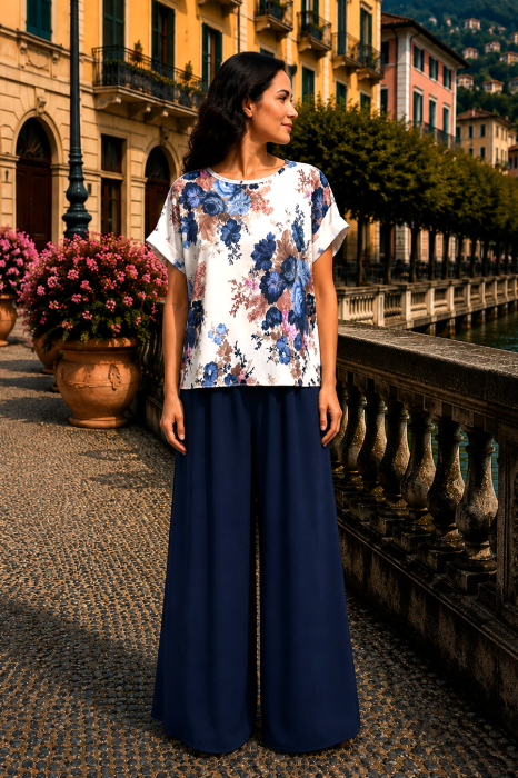 Compleu damă albastru cu bluză imprimată floral și pantaloni largi [2]