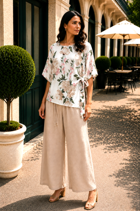 Compleu damă din vâscoză cu bluză imprimată floral și pantaloni largi [2]