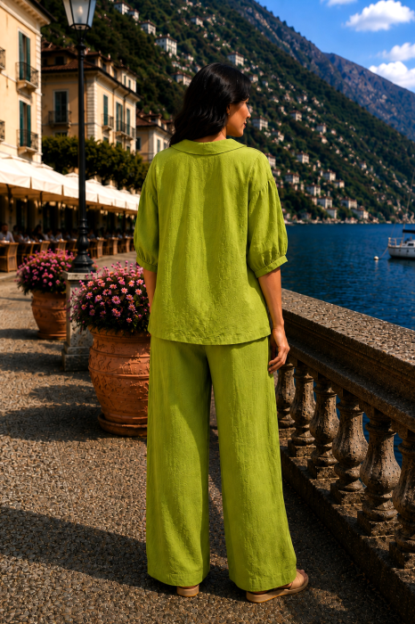 Compleu damă verde din in cu pantaloni largi si cămașă cu guler [3]
