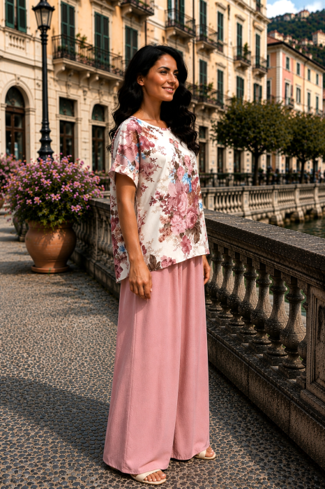 Compleu damă roz cu bluză imprimată floral și pantaloni largi [3]