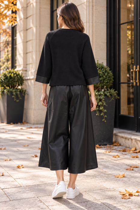 Compleu negru damă casual cu bluză și pantaloni largi din piele [3]