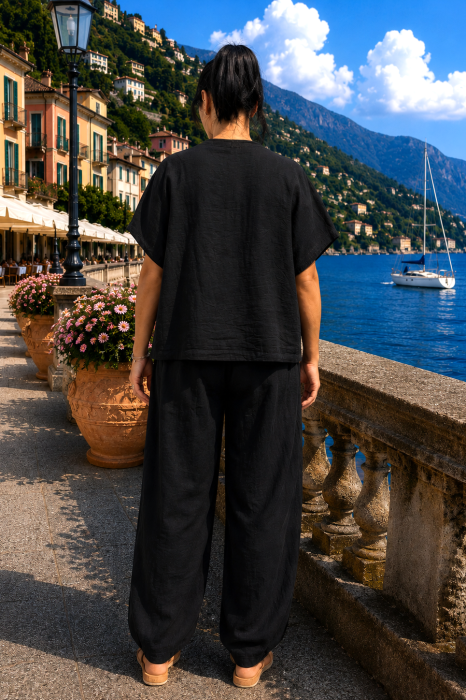 Compleu damă negru din in cu cămașă și pantaloni largi [3]