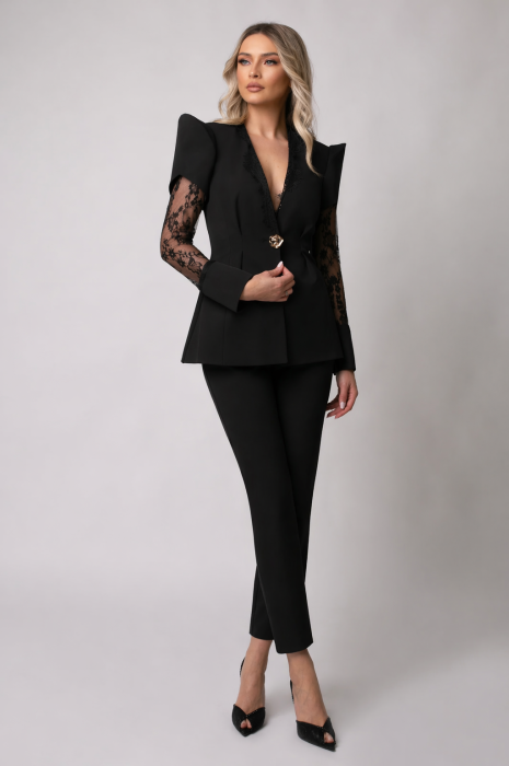 Costum elegant negru cu dantelă și umeri bufanți [2]