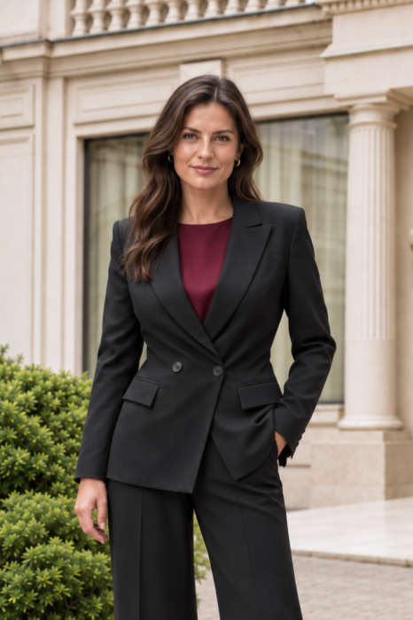 Costum damă negru elegant, cu sacou cambrat și pantalon drept [3]