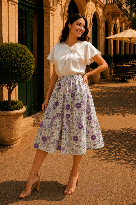 Fustă midi albă cu imprimeu floral lila [3]