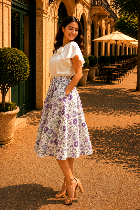 Fustă midi albă cu imprimeu floral lila [4]