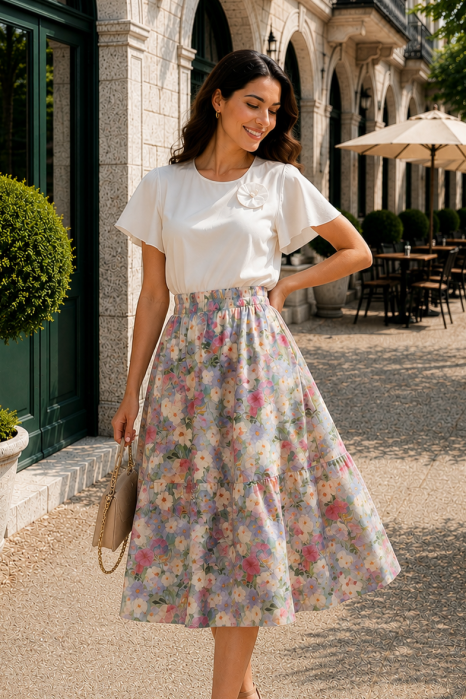 Fusta midi cu imprimeu floral multicolor