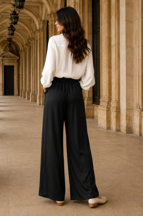 Pantalon largi negrii din vâscoză și mătase [3]