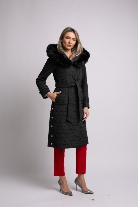Geacă neagră din fâș cu glugă accesorizată cu blană [3]
