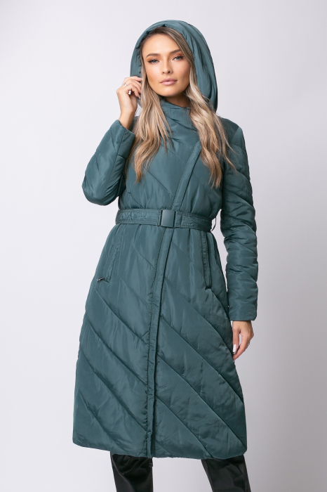 Geacă gri petrol lungă, matlasată cu glugă si fermoar oblic [5]