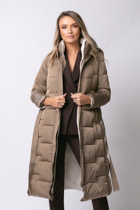 Geacă lungă camel de iarnă, matlasată cu glugă [4]