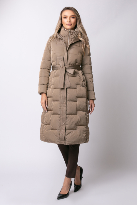 Geacă lungă camel de iarnă, matlasată cu glugă [5]