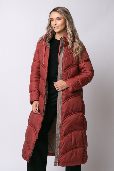 Geacă lungă căramizie de iarnă, matlasată cu glugă detașabilă [5]