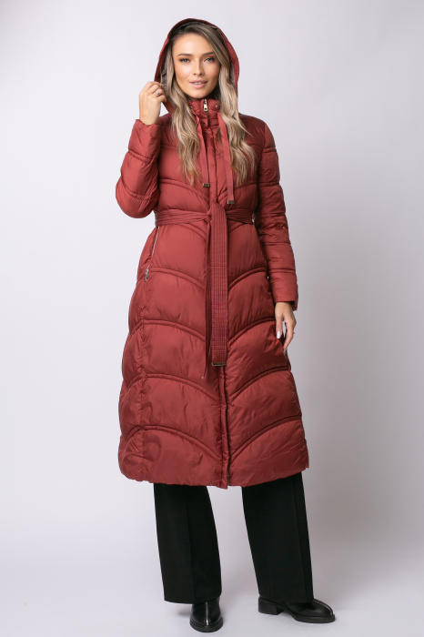 Geacă lungă căramizie de iarnă, matlasată cu glugă detașabilă [2]