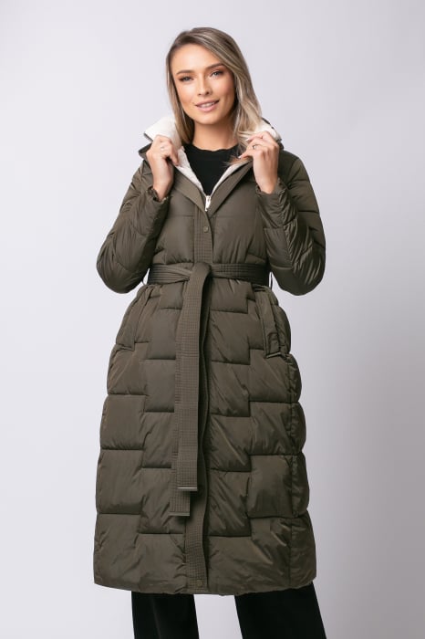 Geacă lungă kaki de iarnă, matlasată cu glugă [5]