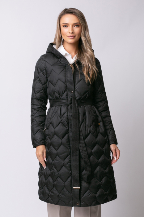 Geacă lungă neagră de iarnă, matlasată cu glugă [1]