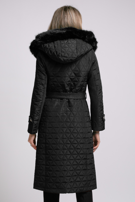 Geacă neagră din fâș cu glugă accesorizată cu blană [4]