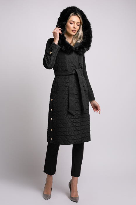 Geacă neagră din fâș cu glugă accesorizată cu blană [3]