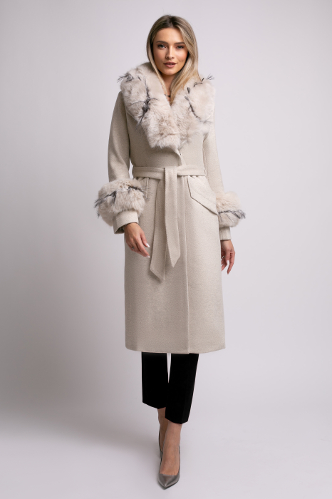 Palton bej din lână cu blană detașabilă la guler și mâneci [8]