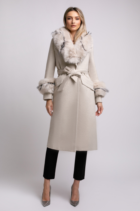 Palton bej din lână cu blană detașabilă la guler și mâneci [2]