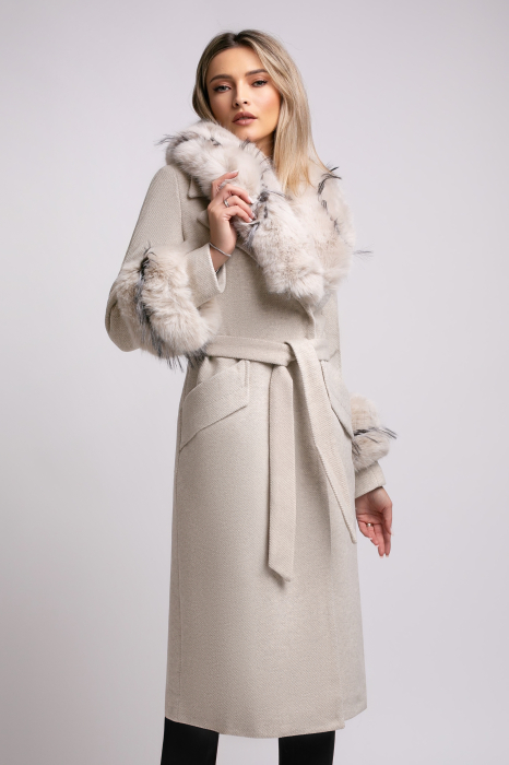 Palton bej din lână cu blană detașabilă la guler și mâneci [3]
