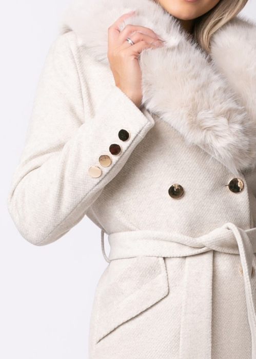 Palton bej din lână cu blană la guler [4]