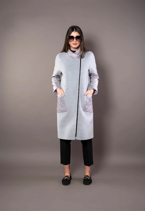 Palton Brenda gri din lână accesorizată cu fâș [5]