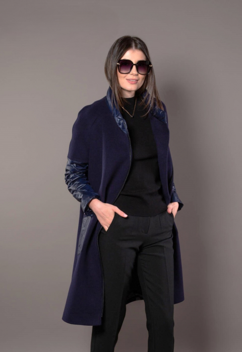 Palton Brenda bleumarin din lână accesorizată cu fâș [7]