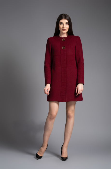 Palton Egreta vișiniu din lână cu guler tip tunică [3]