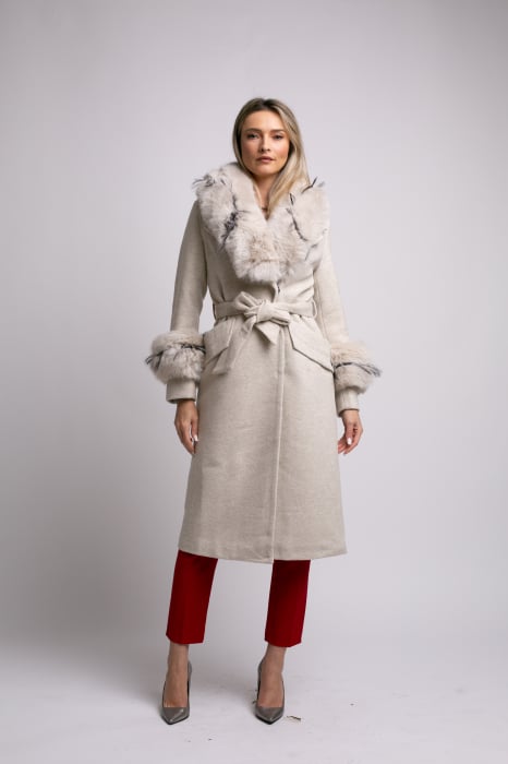 Palton bej din lână cu blană detașabilă la guler și mâneci [4]