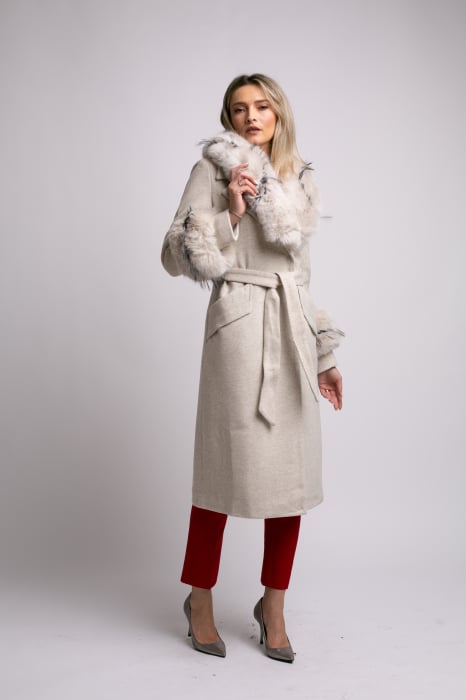 Palton bej din lână cu blană detașabilă la guler și mâneci [2]