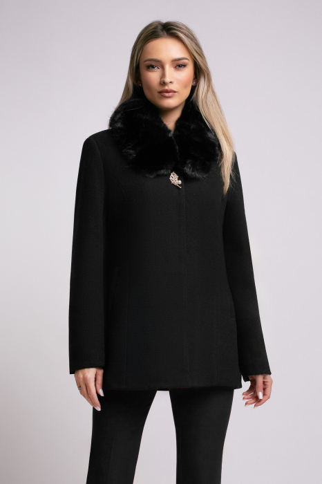 Palton negru mărime mare accesorizat cu blană detașabilă la guler [2]
