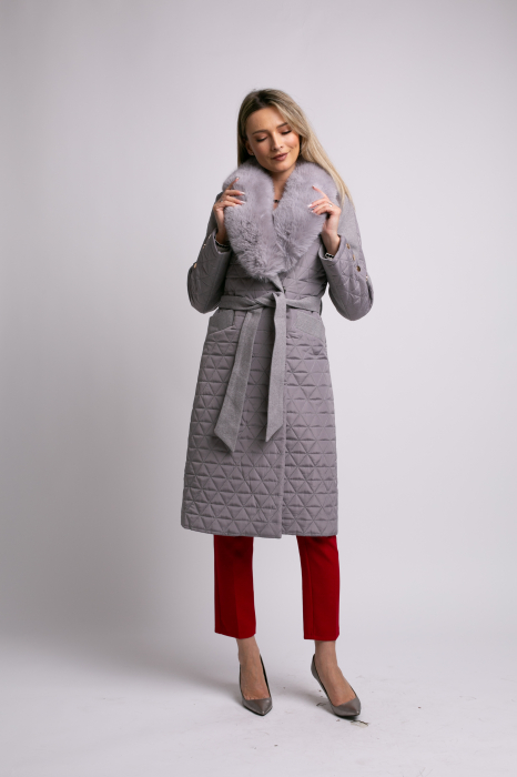 Geacă Sena gri din fâș cu guler detașabil din blană [2]