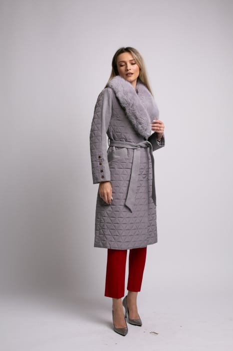 Geacă Sena gri din fâș cu guler detașabil din blană [5]