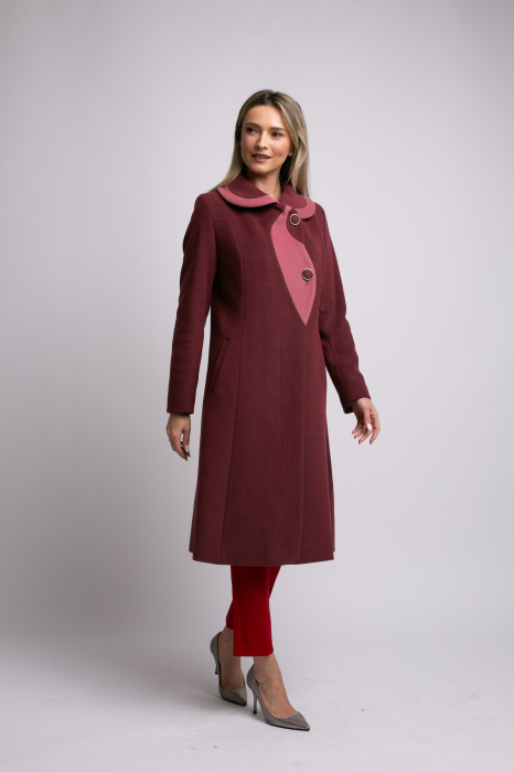 Palton SENTIERRI vișiniu din lână cu detaliu contrastant [4]