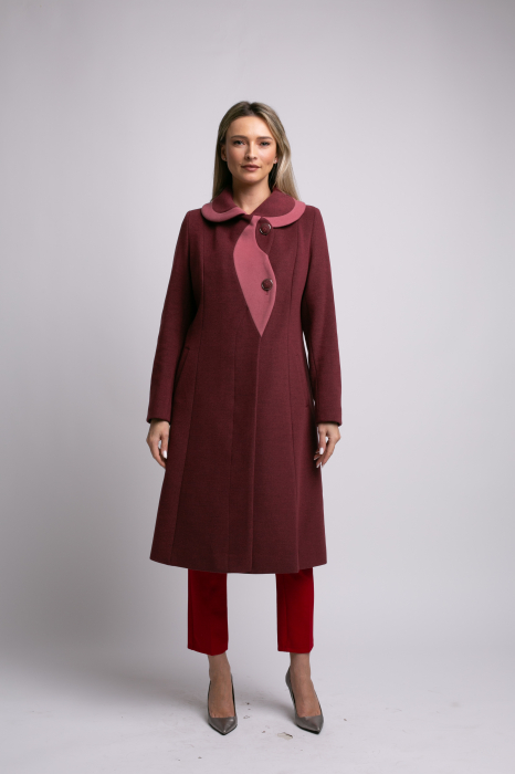 Palton SENTIERRI vișiniu din lână cu detaliu contrastant [2]